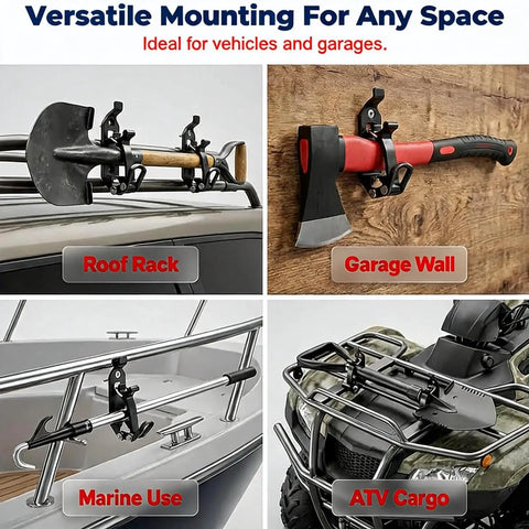 Heavy Duty Shovel Mount For Roof Rack With Metal Rubber Axe Holder And Quick Release Clamps versatile mounting options.