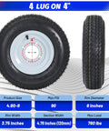 2 Pack 4.80-8 Trailer Tires With 8 Inch Rims 4 Lug On 4 Inch Bolt Pattern Center Bore 2.85 Inch Side and Front View Display