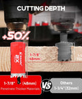 Side view of EZARC bi-metal hole saw kit with red 1-7/8 in (48 mm) hole saw cutting through wood.