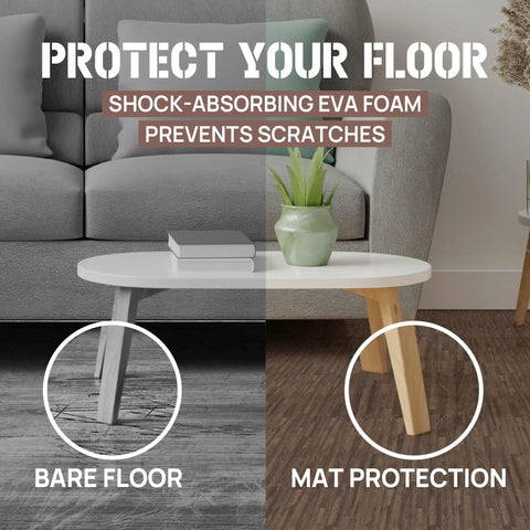 Living room with Interlocking EVA Foam Floor Tiles Puzzle Mats With Border 24x24 Inches for floor protection compared to bare floor.