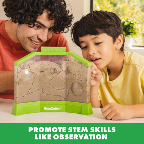 Father and son engaging with Ant Factory Classroom Ant Farm With Live Ants For Hands On STEM Learning At Home Kids Science Kit Escape Proof Habitat