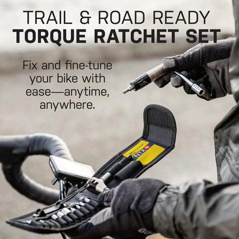 Ratchet Rocket Lite NTX Plus Bike Repair Multitool with 19 Functions shown on bike handlebar with storage case open