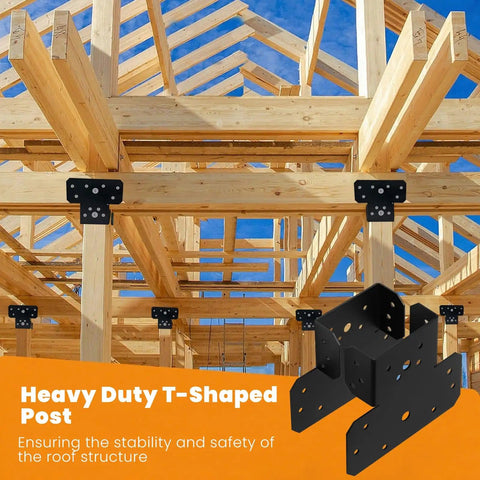 8 Pack Heavy Duty 4x4 3-Way T Brackets For Wood Posts To Beams, Adjustable Steel T Shaped Connectors in outdoor structure