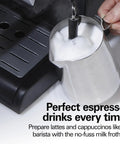 Steam wand frothing milk for lattes next to 15 Bar Espresso Machine For Sippin Straight Up Lattes And Creamy Cappuccinos With Dual Auto Frother Brews Two Cups At Once Compatible With Pods Or Grounds 50 Oz Tank Black.