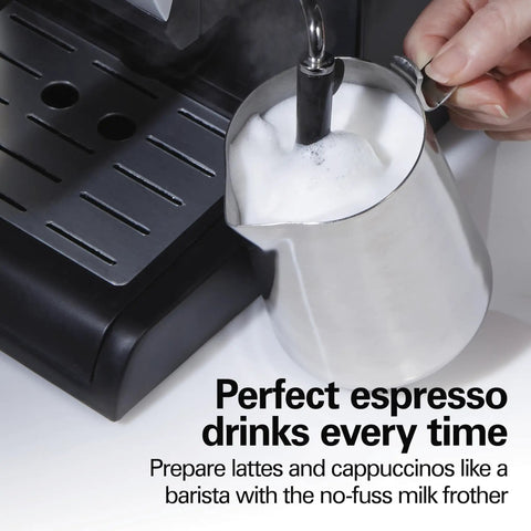 Steam wand frothing milk for lattes next to 15 Bar Espresso Machine For Sippin Straight Up Lattes And Creamy Cappuccinos With Dual Auto Frother Brews Two Cups At Once Compatible With Pods Or Grounds 50 Oz Tank Black.