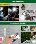 Must Have 30 In 1 Survival Gear Kit For Men And Outdoorsy Folks with LED headlamp and emergency blanket visible