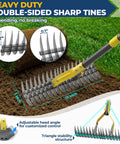 70 Inch Heavy Duty Metal Dethatcher Rake With 15 Inch Wide Double Edged Sharp Tines showing close-up of adjustable sharp tines