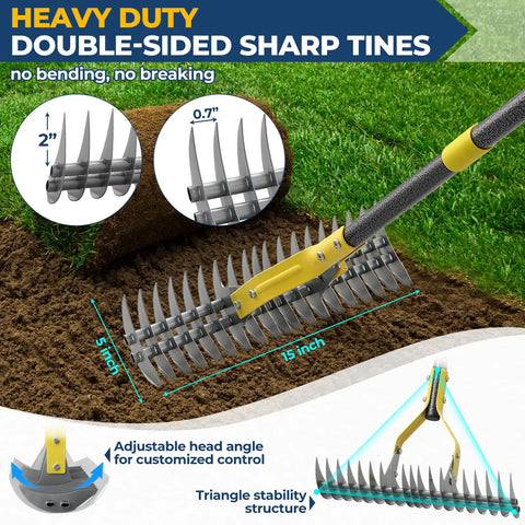 70 Inch Heavy Duty Metal Dethatcher Rake With 15 Inch Wide Double Edged Sharp Tines showing close-up of adjustable sharp tines