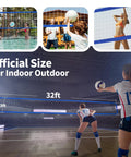 Volleyball Net Outdoor Pro Heavy Duty All Weather With Extended Stainless Steel Cable and Extra Thick Borders Regulation 32x3 Feet Blue Net Only displayed in different play settings.
