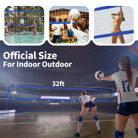 Volleyball Net Outdoor Pro Heavy Duty All Weather With Extended Stainless Steel Cable and Extra Thick Borders Regulation 32x3 Feet Blue Net Only displayed in different play settings.