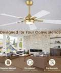 52 Inch White Gold Ceiling Fan With Light And Remote DC Motor 6 Speeds Reversible Dimmable 3CCT LED Modern Sleek Ceiling Fan