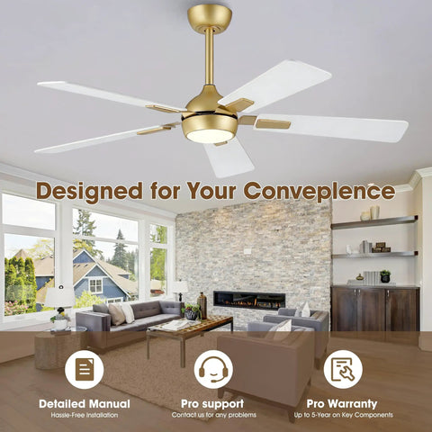 52 Inch White Gold Ceiling Fan With Light And Remote DC Motor 6 Speeds Reversible Dimmable 3CCT LED Modern Sleek Ceiling Fan