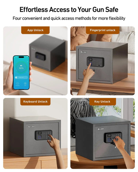 Smart Gun Safe For Multiple Pistols With Automatic Lock LCD Display And Voice Guide showing four unlocking methods.