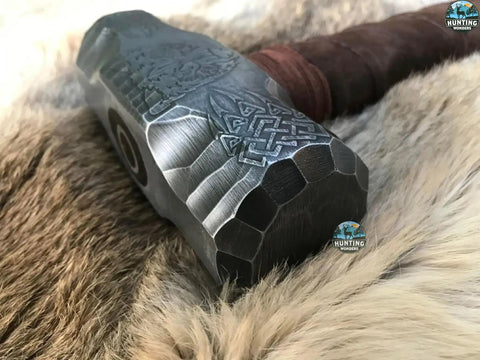 Custom Handmade Bear Engraved Decorative Hammer For Blacksmiths And Crafters close-up on engraved steel head.