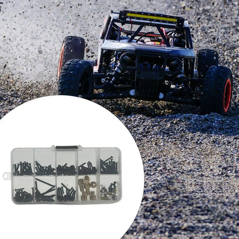 182 Pieces RC Car Screws Set With Metal And PP Fasteners for quick repairs, compact box with RC car background