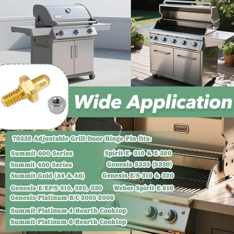 Four Pack Adjustable Grill Door Hinge Pins And Nuts Replacement Kit For Weber Genesis Summit Spirit Series Grills Stainless Steel Hinges Bolts And Nuts 70332 Compatible, shown with grills in background and close-up of hinge pin and nut.