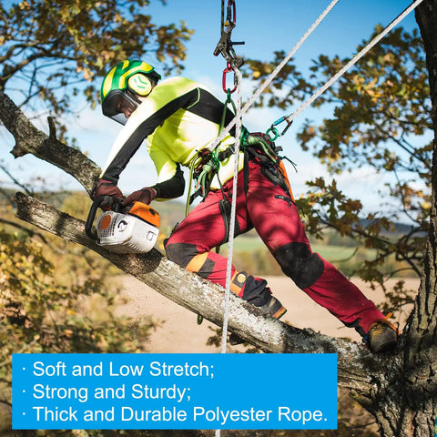 Person using chainsaw, secured with Five Eighths Inch By Two Hundred Feet Polyester Bull Rope Arborist Rigging Line For Pulling Trees
