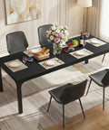 Extra Long Dining Table With Badass Steel Legs, Rectangle Kitchen Table And Dinner Spot, modern black wood top, set for six with plates and flowers.