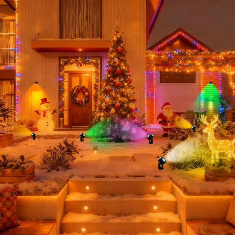 Festive scene with 8 Pack Smart RGBW Outdoor Landscape Lights With IP65 Waterproof, Low Voltage, App And Remote Control, 16 Million Colors.
