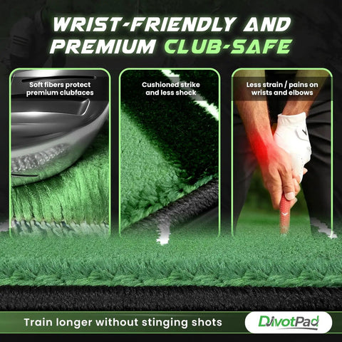 Patented Golf Training Mat With Real Give For Indoor And Outdoor Practice features wrist-friendly design and premium club-safe surface.