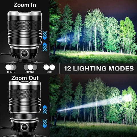 Crazy Bright Rechargeable LED Headlamp 99,000 Lumens With 95 Hour Run Time zooming function and lighting modes shown outdoors