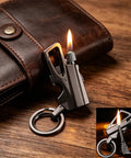 Infinity Forever Match Lighter With Multitool Keychain Bottle Opener For Outdoor Survival, next to a leather wallet, lit flame