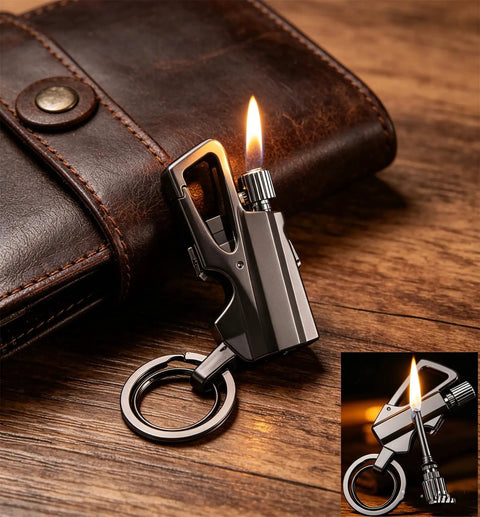 Infinity Forever Match Lighter With Multitool Keychain Bottle Opener For Outdoor Survival, next to a leather wallet, lit flame