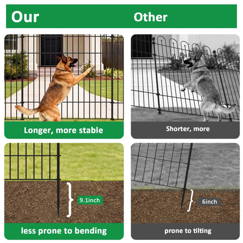 Comparison of durable no dig garden fence with gate and another product, showing 32 inch tall rustproof metal panels with better stability.