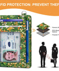 Slim Cat Themed RFID Wallet For Women with green floral design, ID window, and RFID protection layers shown.