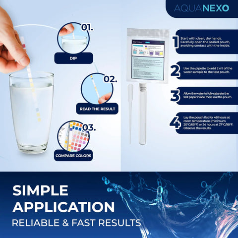 21 Parameter Drinking Water Test Strips Kit With 125 Plus 20 Strips And 2 Coliform Bacteria Tests For pH Hardness Metals Chlorine And Overall Water Quality Monitoring For Home Use In Kitchens And Sinks showing application process.