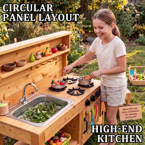 Chill Backyard Playtime: 9 Piece Mud Kitchen Set With Realistic Grill Burner And Rotating Knobs For Immersive Pretend Outdoor Cooking Fun. Girl at wooden outdoor mud kitchen with sink, burners and play food