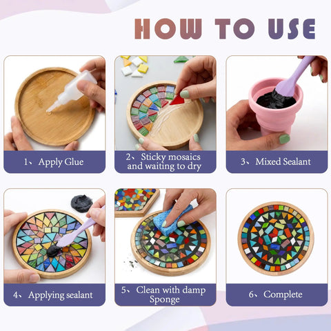 Ultimate Mosaic DIY Kit for Adults, Mixed Color Stained Glass Tiles With Two Wooden Coaster Bases, assembly instructions.