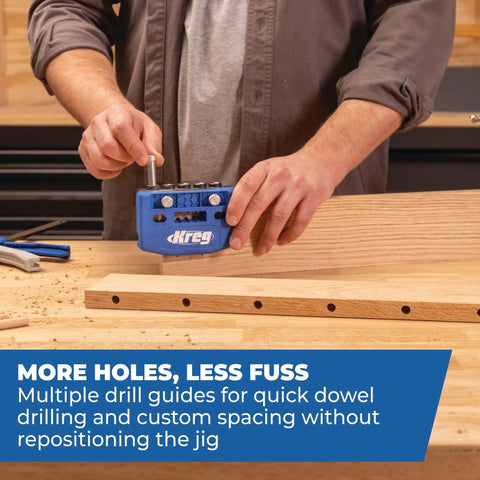 Person, die einen Dübelvorrichtungssatz mit abnehmbaren Bohrführungen für Schränke und Werkbankprojekte auf einer Holzplatte verwendet