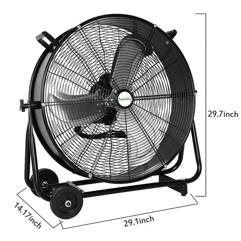 24 Inch High Velocity Industrial Drum Fan With 8100 CFM, 3 speed heavy duty metal shop fan for workshops, warehouses, garages, and factories