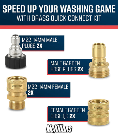 McKillans brass quick-connect kit for pressure washers; 2x M22-14mm male, 2x female, 2x garden hose QC fittings