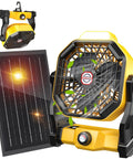 Solar Powered Camping Fan With Led Lantern 7W Panel 10400mAh Rechargeable Battery Quiet Outdoor Tent Fan tilted view