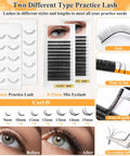 All In One Lash Extension Practice Kit For Beginners With 10-15mm Mixed Eyelashes showcasing curl D and practice lash variations.