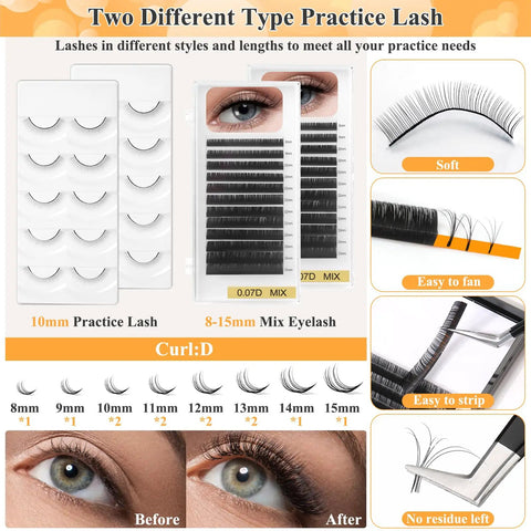 All In One Lash Extension Practice Kit For Beginners With 10-15mm Mixed Eyelashes showcasing curl D and practice lash variations.