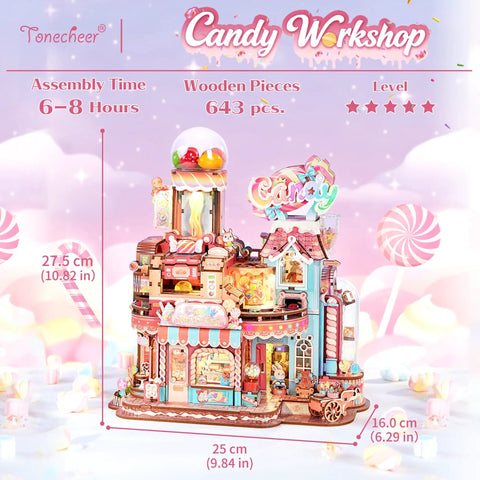 Candy Workshop 3D Wooden Puzzle Kit for Adults With Mechanical Transmission and lights, candy store scene with measurements.