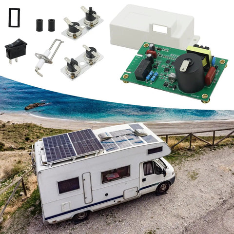 Top Travel Trailer Water Heater Repair Kit With Control Board Thermo Assemblies Electrode And Rocker Component For 12V Systems Fix Startup And Temp Glitches Fast laid on a scenic RV background.