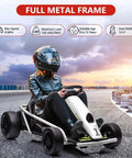 Teen riding Go Kart with 24V 9Ah battery dual 300W motors, up to 8 MPH, on track during sunset, wearing helmet.