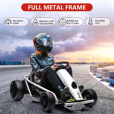 Teen riding Go Kart with 24V 9Ah battery dual 300W motors, up to 8 MPH, on track during sunset, wearing helmet.