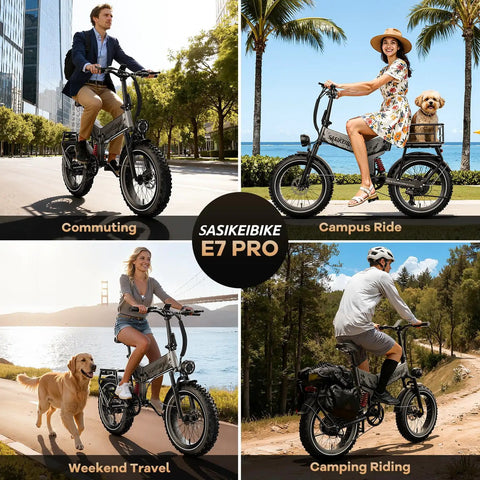 Collage of 1500W Folding Electric Bike For Adults With Removable 52V 20Ah Battery, 70 Mile Max Range used in various settings