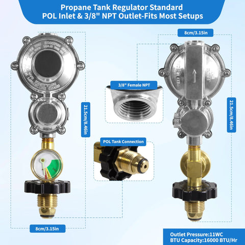 Feirenql 2-stage propane regulator with gauge and POL inlet, 3/8 in NPT outlet, brass fittings