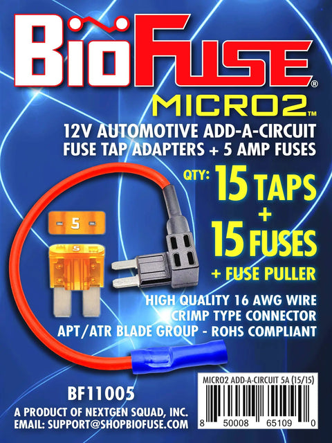 BioFuse 16 AWG Micro2 ATR Fuse Tap Kit With 30 Pc Automotive Car Fuses And Holders Includes Fifteen 5A Add Circuit Blade Fuses Plus Puller, product packaging.
