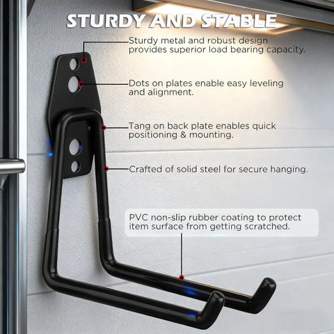 Close-up of solid steel wall mount J hook with anti-slip coating from a twenty pack heavy duty garage storage hooks.