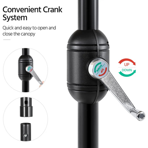Close-up of crank system on 9 Ft Patio Umbrella With 22 Lb Base Included For Stable Outdoor Dining, Market Style Sun Shade