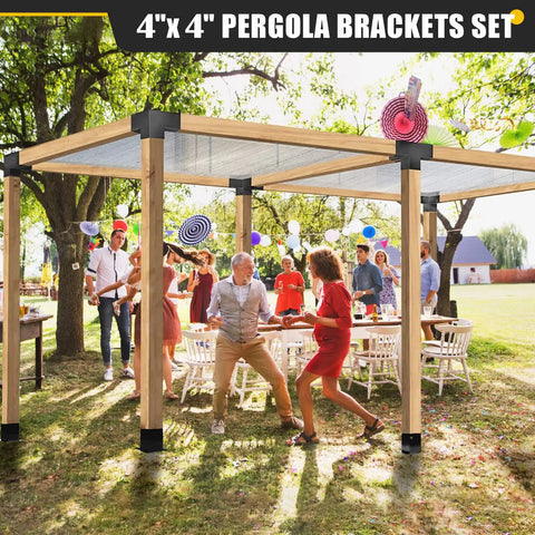 Outdoor gathering under a pergola using the 4x4 Woodworks Pergola Brackets Kit, 3-way corner extension, black powder coated steel, 3.5x3.5 inch
