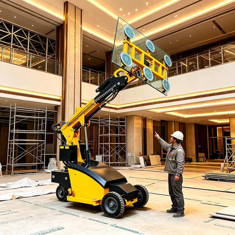 Pro Grade Hydraulic Mobile Vacuum Glass Lifter with heavy duty suction cups lifting a large glass pane on a job site.
