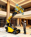 Industrial Hydraulic Glass Vacuum Suction Lifter Mobile Panel Handler lifting glass panel on job site with operator guiding.